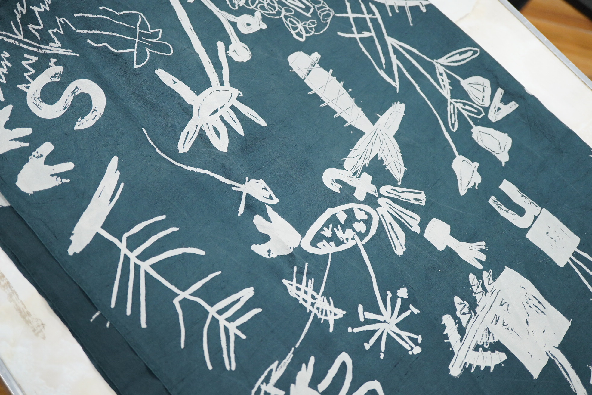 A ‘Cactus’ print on silk designed by Gillian Cowie (RCA 1983/84) 93cm x 345cm. Condition - good